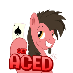 Size: 2000x2000 | Tagged: safe, artist:ace play, oc, oc only, oc:ace play, earth pony, pony, ace of spades, caption, cheek fluff, earth pony oc, eyebrows, facial hair, goatee, grin, high res, male, playing card, pun, raised eyebrow, simple background, smiling, solo, stallion, text, transparent background, visual pun