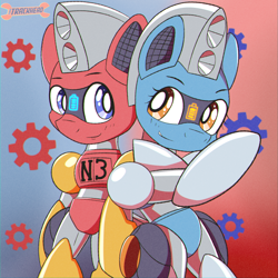 Size: 2000x2000 | Tagged: safe, artist:trackheadtherobopony, oc, oc:silverstream (robot pony), oc:trackhead, pony, robot, robot pony, semi-anthro, siblings