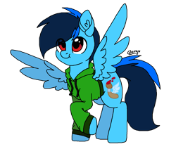 Size: 1245x1057 | Tagged: safe, artist:smol_boo, oc, oc only, oc:cobalt chaser, pegasus, pony, blue coat, blue mane, clothes, digital art, full body, hoodie, jacket, male, male oc, pegasus oc, red eyes, simple background, solo, spread wings, sweater, transparent background, wings