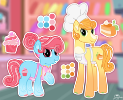 Size: 2451x2000 | Tagged: safe, artist:lovinglypromise, carrot cake, cup cake, pony, g4, alternate design, apron, chef's hat, clothes, hat