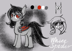 Size: 3508x2480 | Tagged: safe, artist:white spider, oc, oc only, oc:white spider, bat pony, bat pony oc, black and white, black hair, cool, gaze, grayscale, laughing, monochrome, red eyes, simple background, smiling, solo, sunglasses