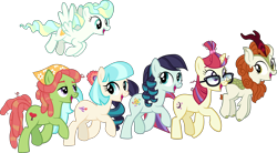 Size: 4316x2380 | Tagged: safe, artist:ironm17, autumn blaze, coco pommel, coloratura, moondancer, tree hugger, vapor trail, earth pony, kirin, pegasus, pony, unicorn, g4, flying, glasses, horn, simple background, transparent background, vector, walking