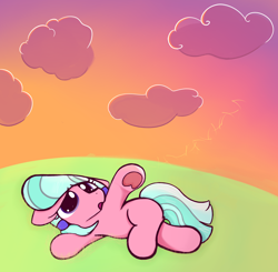 Size: 2350x2300 | Tagged: safe, artist:violavaquita, sugar stix, earth pony, pony, g4, cloud, crossed legs, dawn, female, filly, foal, grass, lying down, raised hoof, sad, solo