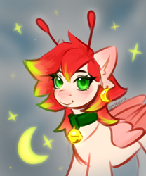 Size: 1000x1200 | Tagged: safe, artist:moewwur, artist:rin-mandarin, oc, oc only, oc:chise, pegasus, pony, antennae, bell, bell collar, collar, ear piercing, earring, folded wings, green eyes, jewelry, looking at you, moon, piercing, red mane, simple background, solo, stars, tendrils, wings