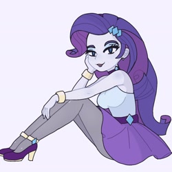 Size: 2048x2048 | Tagged: safe, artist:thanatoschanvt, rarity, human, equestria girls, g4, big breasts, blue eyes, bracelet, breasts, busty rarity, clothes, eyeliner, female, hairpin, hand on cheek, high heels, jewelry, leggings, light skin, lipstick, looking at you, makeup, purple hair, shoes, simple background, sitting, solo, solo female