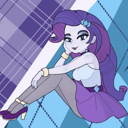 Size: 2048x2048 | Tagged: safe, artist:thanatoschanvt, rarity, human, equestria girls, g4, background, big breasts, blue eyes, bracelet, breasts, busty rarity, clothes, eyeliner, female, hairpin, hand on cheek, high heels, jewelry, leggings, light skin, lipstick, looking at you, makeup, patterned background, purple hair, shoes, sitting, solo, solo female