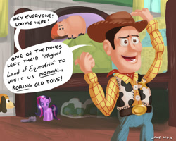 Size: 1000x800 | Tagged: safe, artist:reformedvillainsrule, twilight sparkle, g4, brush, dialogue, hairbrush, hamm (toy story), slinky dog, toy story, woody