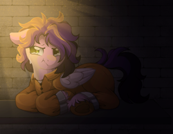 Size: 2235x1730 | Tagged: safe, artist:adostume, pipp petals, pegasus, g5, background, clothes, commissioner:rainbowdash69, crying, cuffs (clothes), digital art, never doubt rainbowdash69's involvement, pouting, prison, prison outfit, prisoner, prisoner pipp, shackles