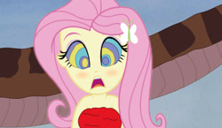 Size: 1280x743 | Tagged: safe, artist:remifan, fluttershy, human, snake, equestria girls, g4, butterfly hairpin, coils, eyeshadow, female, hypno eyes, hypnoshy, hypnosis, hypnotized, kaa, kaa eyes, makeup, open mouth