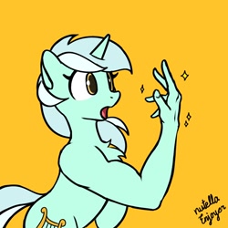 Size: 1200x1200 | Tagged: safe, artist:nutellaenjoyer, lyra heartstrings, pony, unicorn, g4, :o, bipedal, chest fluff, female, gasp, hand, hands on pony, horn, mare, open mouth, simple background, solo, sparkles, suddenly hands, that pony sure does love hands, wide eyes, yellow background