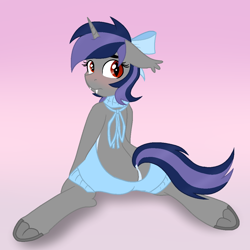 Size: 1080x1080 | Tagged: safe, artist:ghostpikachu, derpibooru exclusive, oc, oc only, oc:dreaming star, bat pony, bat pony unicorn, hybrid, unicorn, backless, base used, blushing, bow, butt, clothes, crossdressing, fake eyelashes, fangs, femboy, frog (hoof), gradient background, hair bow, hooves, horn, looking at you, looking back, looking back at you, male, open-back sweater, plot, raised tail, rear view, sitting, sleeveless sweater, solo, spread legs, spreading, stallion, sweater, tail, underhoof, virgin killer sweater