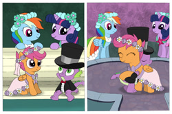 Size: 1280x851 | Tagged: safe, artist:nick-alex-gin, rainbow dash, scootaloo, spike, twilight sparkle, dragon, pegasus, pony, unicorn, a canterlot wedding, g4, my little pony: friendship is magic, bench, clothes, comic, cute, dress, duo, duo male and female, eyes closed, female, floral head wreath, flower, flower girl, flower girl dress, grass, hat, horn, hug, looking at each other, looking at someone, male, night, ship:scootaspike, shipping, sitting, straight, top hat, tuxedo, unicorn twilight, wingless spike