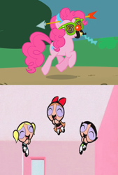 Size: 1108x1642 | Tagged: safe, artist:user15432, pinkie pie, earth pony, human, g4, griffon the brush off, my little pony: friendship is magic, season 1, blossom (powerpuff girls), bubbles (powerpuff girls), buttercup (powerpuff girls), female, laughing, reaction image, the powerpuff girls