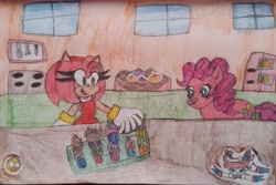 Size: 6481x4336 | Tagged: safe, artist:mariana17867, pinkie pie, earth pony, hedgehog, mobian, pony, g4, amy rose, cupcake, duo, duo female, female, food, kitchen, licking, licking lips, sonic the hedgehog (series), tongue out, traditional art