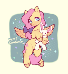 Size: 753x811 | Tagged: safe, artist:kuroikamome, fluttershy, pegasus, pony, rabbit, g4, abstract background, animal, bowtie, colored hooves, colored wings, cute, female, filly, flying, foal, hooves, looking at you, mare, pink hair, plushie, shyabetes, signature, solo, stars, unshorn fetlocks, wingding eyes, wings, yellow coat