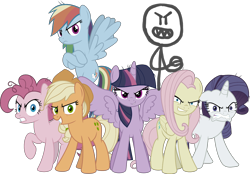 Size: 4256x2957 | Tagged: safe, artist:noogai38, screencap, applejack, fluttershy, mean applejack, mean fluttershy, mean pinkie pie, mean rainbow dash, mean rarity, mean twilight sparkle, pinkie pie, rainbow dash, rarity, twilight sparkle, alicorn, earth pony, pegasus, unicorn, g4, my little pony: friendship is magic, the mean 6, angry, clone, clone six, evil smile, horn, male, mean six, mean stickman, messy mane, my little pony, serious, serious face, smiling, stallion, stick figure, twilight sparkle (alicorn), upside down cutie mark