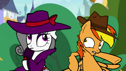 Size: 600x338 | Tagged: safe, oc, oc:firey ratchet, oc:oliver spade, pegasus, unicorn, g4, clothes, detective, duo, duo male and female, fedora, female, hat, horn, male, trenchcoat