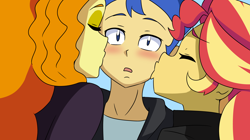 Size: 2500x1399 | Tagged: safe, artist:aokushan, adagio dazzle, flash sentry, sunset shimmer, human, equestria girls, g4, cheek kiss, female, kissing, male