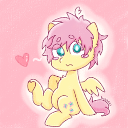 Size: 1280x1280 | Tagged: safe, artist:cozyinbutters, fluttershy, pegasus, g4, :3, blushing, butterscotch, cute, heart, messy mane, pink background, pink mane, rule 63, shy, simple background, sitting, solo, yellow coat