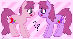 Size: 1024x552 | Tagged: safe, artist:kharmacal, derpibooru exclusive, berry punch, berryshine, earth pony, pony, g4, :o, colored lineart, open mouth, passepartout, question mark, self paradox, self ponidox, striped background, wingding eyes