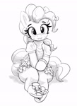 Size: 1493x2048 | Tagged: safe, artist:pabbley, pinkie pie, earth pony, pony, g4, black and white, bow, clothes, cute, diapinkes, dress, grayscale, hair bow, looking at you, monochrome, shoes, short dress, simple background, sitting, smiling, smiling at you, sneakers, solo, tongue out, white background