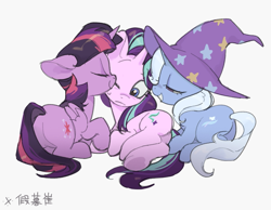 Size: 1001x776 | Tagged: safe, artist:bilidongdong, starlight glimmer, trixie, twilight sparkle, alicorn, pony, unicorn, g4, bedroom eyes, chinese, closed mouth, clothes, eyes closed, female, full body, gray background, hat, horn, lesbian, looking at someone, lying down, mare, missing accessory, on side, one eye closed, polyamory, ship:startrix, ship:twistarlight, ship:twixstar, shipping, side view, simple background, smiling, sweat, sweatdrop, trio, trio female, trixie's hat, twilight sparkle (alicorn)