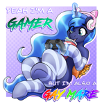 Size: 4008x4008 | Tagged: safe, artist:czu, princess luna, alicorn, gamer luna, g4, abstract background, cat ears, chips, clothes, controller, food, gradient background, headphones, socks, solo, striped socks