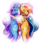 Size: 3688x4002 | Tagged: safe, artist:czu, sunburst, trixie, pony, unicorn, g4, bipedal, duo, duo male and female, female, horn, lidded eyes, magic, magic aura, male, mare, simple background, stallion, underhoof, white background