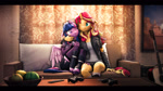 Size: 9600x5400 | Tagged: safe, artist:imafutureguitarhero, sci-twi, sunset shimmer, twilight sparkle, alicorn, classical unicorn, unicorn, anthro, unguligrade anthro, g4, 3d, absurd file size, absurd resolution, acoustic guitar, alicornified, amplifier, arm around back, arm around neck, arm fluff, arm freckles, black bars, boots, cheek fluff, chest fluff, chin fluff, chromatic aberration, claws, clothes, cloven hooves, coffee table, collar, colored eyebrows, controller, couch, curtains, cute, cute little fangs, daaaaaaaaaaaw, denim, dork, duo, ear fluff, ear freckles, fangs, female, film grain, fishnet clothing, fishnet gloves, fishnet stockings, fluffy, freckles, fruit, fruit bowl, fur, glasses, glasses off, glasses on head, gloves, guitar, guitar amp, height difference, hip fluff, hoof boots, horn, indoors, ipod, jacket, jeans, leather, leather jacket, leg fluff, leg freckles, leonine tail, lesbian, letterboxing, long hair, long mane, looking at each other, looking at someone, mare, multicolored hair, multicolored mane, multicolored tail, musical instrument, neck fluff, nose wrinkle, one eye closed, paintover, pants, peppered bacon, pillow, race swap, remote, revamped anthros, revamped ponies, sci-twilicorn, see-through, ship:sci-twishimmer, ship:sunsetsparkle, shipping, shirt, shoes, short jeans, shorts, shortstack, shoulder fluff, signature, sitting, smiling, smiling at each other, snaggletooth, socks, source filmmaker, stockings, table, tail, thigh highs, together, torn clothes, twiabetes, twilight sparkle (alicorn), unshorn fetlocks, wall of tags, wing fluff, wing freckles, wings, wink, xbox 360 controller