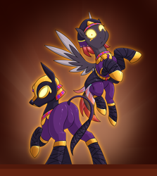 Size: 2120x2382 | Tagged: safe, artist:moonatik, oc, oc only, oc:velvetine, earth pony, pegasus, pony, ancient egypt, clothes, egyptian, egyptian headdress, female, flying, glowing, glowing eyes, gold, jackal mask, looking at you, makeup, mare, mask, pegasus oc, possessed, raised hoof, shadowbolts, shoes