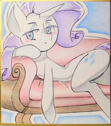 Size: 2599x2970 | Tagged: safe, artist:mush_tewi, rarity, pony, unicorn, g4, blushing, butt, fainting couch, female, high res, horn, lying down, mare, on side, plot, smiling, solo, traditional art