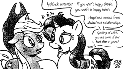 Size: 1200x675 | Tagged: safe, artist:pony-berserker, applejack, rarity, pony-berserker's twitter sketches, g4, alcoholism, confused, drool, drunk, drunk bubbles, emanata, implied alcohol, implied alcoholism, pony-berserker's twitter sketches (2025)