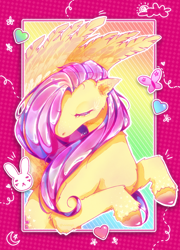 Size: 2564x3570 | Tagged: safe, artist:vivimigli, fluttershy, pegasus, pony, g4, bust, colored hooves, eyes closed, female, frame, hair over one eye, high res, hooves, mare, rearing, solo, spread wings, turned head, unshorn fetlocks, wings