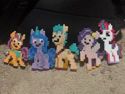 Size: 4032x3024 | Tagged: safe, artist:lnx1ynight16, hitch trailblazer, izzy moonbow, pipp petals, sunny starscout, zipp storm, earth pony, pegasus, unicorn, g5, craft, horn, perler, perler beads