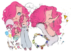 Size: 1280x922 | Tagged: safe, artist:hyolol, part of a set, pinkie pie, earth pony, pony, anthro, g4, clothes, ear piercing, earring, eyes closed, grin, hair over one eye, jewelry, piercing, smiling, solo, wingding eyes