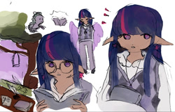 Size: 1280x826 | Tagged: safe, artist:hyolol, part of a set, twilight sparkle, alicorn, dragon, anthro, g4, book, clothes, ear piercing, earring, glasses, holding, human coloration, jewelry, piercing, reading, solo focus, twilight sparkle (alicorn)