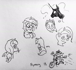 Size: 2048x1890 | Tagged: safe, artist:pony quarantine, oc, oc only, oc:nyx, alicorn, pony, bicycle, chocolate, eating, eating grass, female, filly, floppy ears, foal, food, helmet, hot chocolate, motorcycle helmet, mug, nyxruary, pen drawing, pinpoint eyes, traditional art, training wheels