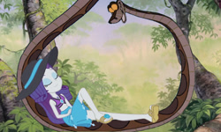 Size: 768x461 | Tagged: safe, artist:ocean lover, rarity, python, snake, equestria girls, g4, beach babe, beautiful, belly, belly button, bikini, blue eyeshadow, clothes, crossover, diamond, disney, eyes closed, eyeshadow, forest, forest background, geode of shielding, hat, jungle, kaa, leaves, magical geodes, makeup, midriff, nature, outdoors, pretty, rarity's blue sarong, rarity's purple bikini, relaxing, resting, sandals, sarong, sleeping, smiling, sun hat, swimsuit, teenager, the jungle book, thumbnail, tree, youtube link, youtube thumbnail