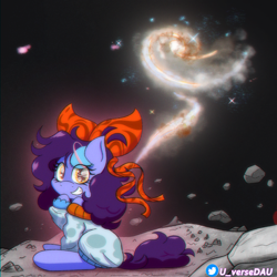 Size: 3072x3072 | Tagged: safe, artist:juniverse, oc, oc:juniverse, earth pony, arp 273, asteroid, clothes, female, flower, galaxy, galaxy of the rose, happy, holiday, present, ribbon, rose, solo, space, space pony, stars, sweater, universe, universe daughter, valentine's day