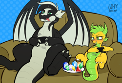 Size: 1887x1289 | Tagged: safe, artist:whyomnichan, oc, oc only, oc:citrine, oc:zenawa skunkpony, dragon, hybrid, skunk, blushing, chubby, claws, controller, couch, curled toes, dracoskunk, dragoness, dragonified, duo, duo male and female, eating, fangs, feet, female, gaming, gaming together, gem, gemstones, gritted teeth, high res, horns, hybrid oc, lidded eyes, male, manspreading, onomatopoeia, plate, pudgy, scales, sitting, sitting together, sound effects, species swap, spread legs, spread wings, spreading, straight, teeth, tongue out, video game, wings