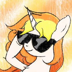 Size: 1024x1024 | Tagged: safe, artist:white spider, oc, oc only, oc:tushan autumn flowers, unicorn, cool, horn, simple background, smiling, solo, sunglasses, unicorn oc