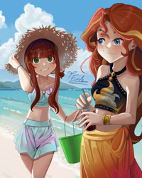 Size: 1280x1600 | Tagged: safe, artist:redlaserartist, sunset shimmer, oc, oc:ember, g4, beach, bikini, bucket, clothes, deviantart, drink, drinking, drinking straw, duo, duo female, female, sarong, summer, swimsuit