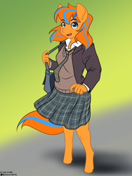 Size: 1200x1600 | Tagged: safe, artist:halcy0n, oc, oc only, oc:cold front, anthro, unguligrade anthro, bag, clothes, open mouth, school uniform, skirt, smiling, solo, uniform