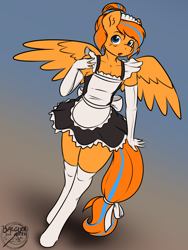 Size: 1200x1600 | Tagged: safe, artist:halcy0n, oc, oc only, oc:cold front, pegasus, anthro, unguligrade anthro, clothes, gloves, long gloves, maid, socks, solo, spread wings, wings