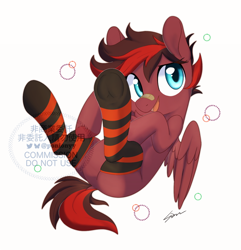 Size: 700x725 | Tagged: safe, artist:sion, oc, oc only, pegasus, pony, band-aid, clothes, commission, female, mare, obtrusive watermark, open mouth, open smile, simple background, smiling, socks, solo, striped socks, watermark, white background, ych result