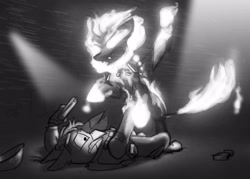 Size: 3500x2500 | Tagged: safe, artist:captainhoers, oc, oc only, griffon, kirin, nirik, black and white, duo, fire, grayscale, griffon oc, gun, handgun, kirin oc, monochrome, pistol, rearing, spotlight