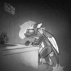 Size: 3000x3000 | Tagged: safe, artist:captainhoers, oc, oc only, pony, robot, robot pony, bar, black and white, frown, glass, grayscale, lidded eyes, monochrome, shot glass, sitting, solo