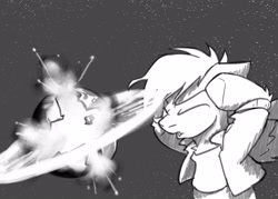 Size: 3500x2500 | Tagged: safe, artist:captainhoers, oc, oc:concorde, pegasus, pony, black and white, explosion, eyes closed, grayscale, meme, monochrome, offspring, parent:soarin', parent:spitfire, parents:soarinfire, planet, ponified meme, solo, space