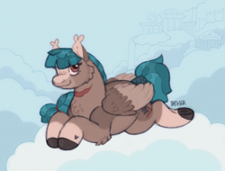 Size: 983x746 | Tagged: safe, artist:beyhr, oc, oc only, oc:dovesong, pegasus, pony, blaze (coat marking), braid, chubby, cloud, coat markings, ear tufts, facial markings, fluffy, fluffy wings, folded wings, heart, lying down, scar, smiling, socks (coat markings), solo, tail, tail wrap, two toned mane, two toned tail, wings