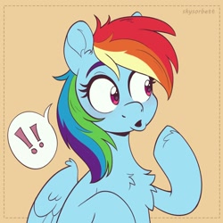 Size: 2000x2000 | Tagged: safe, artist:skysorbett, rainbow dash, pegasus, pony, g4, bust, chest fluff, colored sketch, exclamation point, female, mare, multicolored hair, rainbow hair, sketch, solo, speech bubble, wings